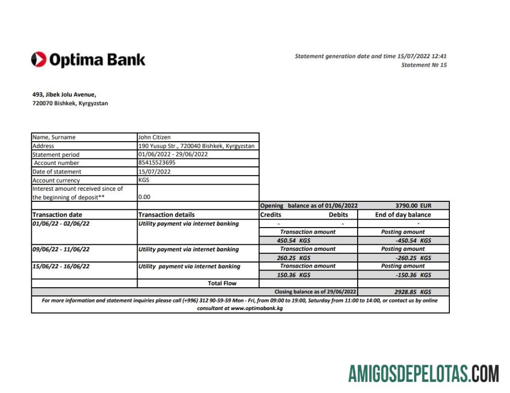 Kyrgyzstan Optima Bank Statement Xls amostra
